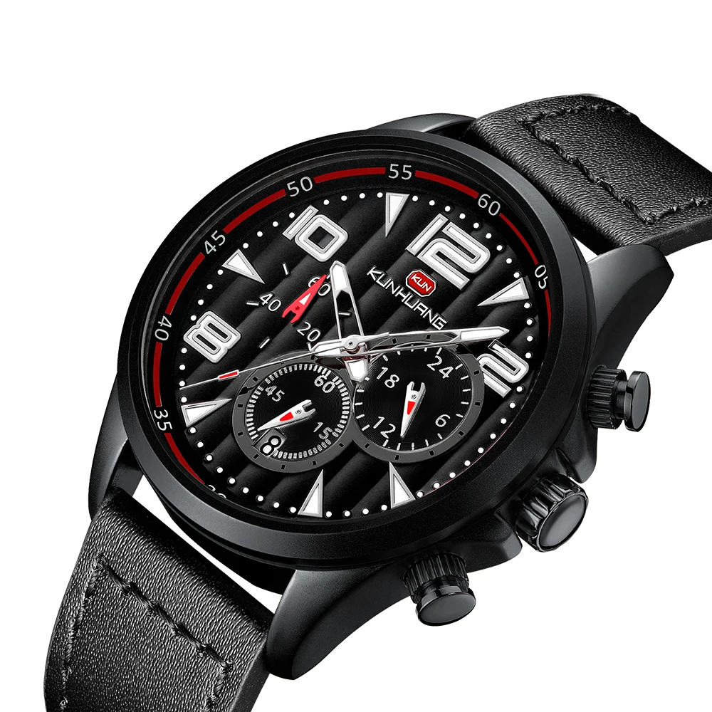 

KUNHUANG Sport Watch Men Top Brand Luxury Quartz Watch Leather Wrist Watch Man Clock Chronograph Men's Watch Relogio Masculino