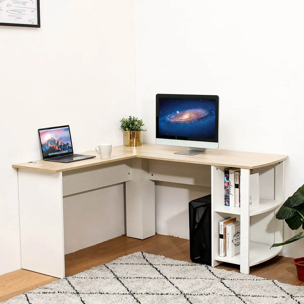 Wooden Computer Office Desk Writing Desk Home Gaming PC Furnitur L Shape Corner Study Computer Table With Book Shelf|Laptop Desks| - AliExpress