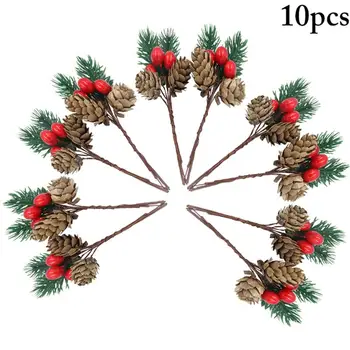 

10pcs Christmas Pine Pick Berry Bell Pinecone Faux Pine Needle Branch Pine Twig Artificial Flower Holly Branches