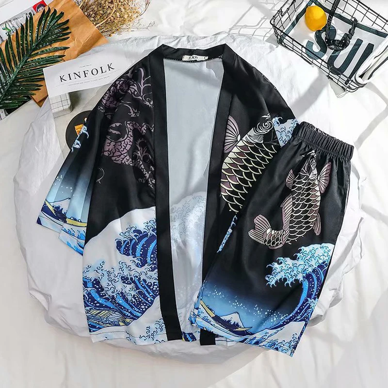 Unisex Woman Japanese Harajuku Kimono Haori Thin Sunscreen Coat Cardigan Ukiyo Man Wide Leg Pants Leisure Loose Harem Trousers