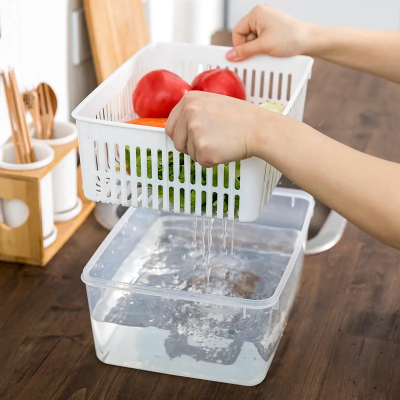 

Fruit And Vegetable Storage Box Large Capacity Refrigerator Food Freshness Box Kitchen Drain Basket Plastic Washing Basin