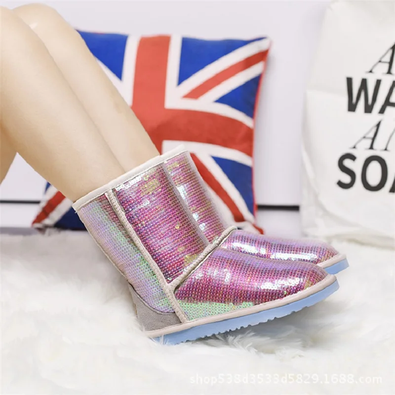 

Women Boots New Designed BlingBling Glitter Snow Boots Plush Genuine Leather Mid High Winter Boots Woman Ladies Shoes