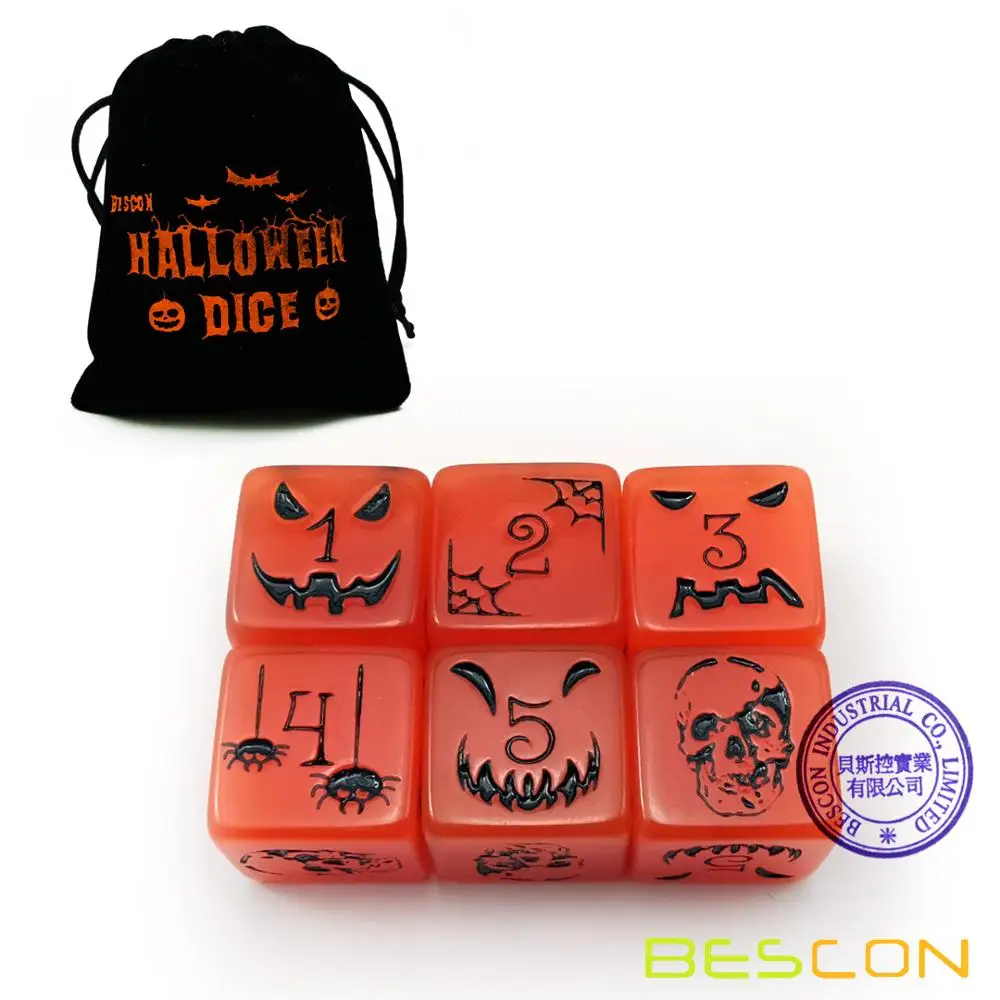 Set of 6 Bescon Luminous Halloween Dice 6 Sides, Glow in Dark 6 Sided Halloween Dice Set in Velvet Pouch 3