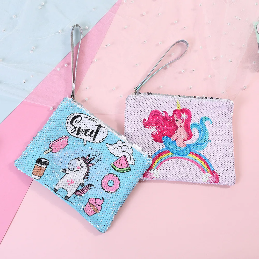 Disney princess new sequins cosmetic bag clutch bag unicorn cartoon girl print sequin mobile phone bag student pencil case pony