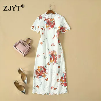 

2020 Spring Summer Runway Dress Women Fashion New Short Sleeve Floral Print Hollow Out Embroidery Midi Holiday Party Dresses