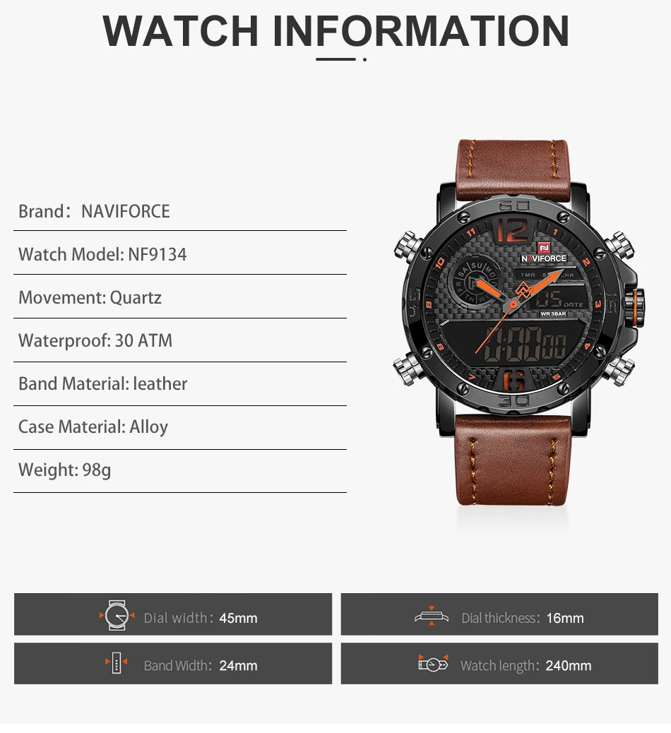2021 NAVIFORCE Top Brand Sports Watches Men Leather Waterproof Male Quartz Digital Dual Wrist Watch Male Clock Relogio Masculino gps golf watches for sale