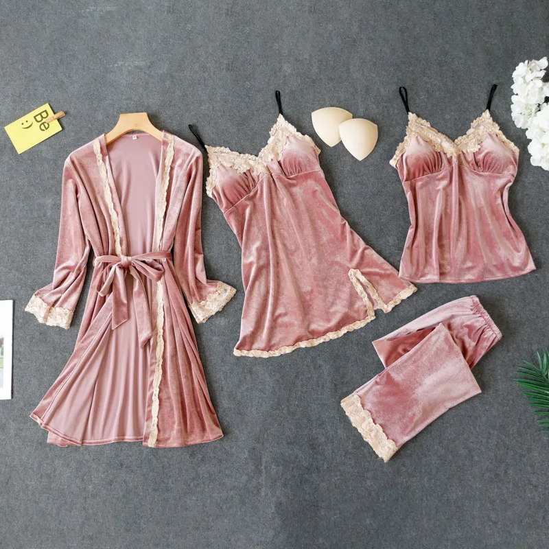 Женский велюровый пижамный комплект розовый женский 4 шт. топ штаны осенняя