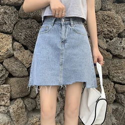2022nova nova mulher saias de verão 2021 cintura alta a linha denim retalhos mini saias das senhoras streetwear azul do vintage tassel saias