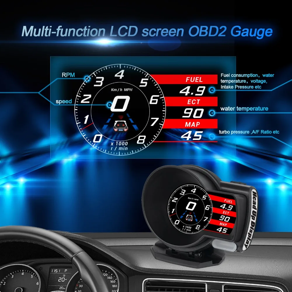 OBDHUD Car Electronics OBD2 Gauge - F8 Head-Up Display Turbine Pressure OBD Multifunctional LCD Instrument for Automobile