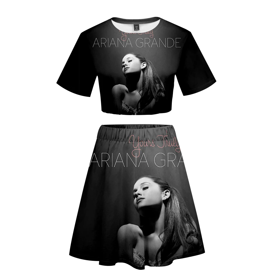 Ariana Grande/костюм с 3D короткой юбкой, Лидер продаж, футболка с короткими рукавами и короткая юбка, костюм из двух предметов, Новые повседневные комплекты высокого качества