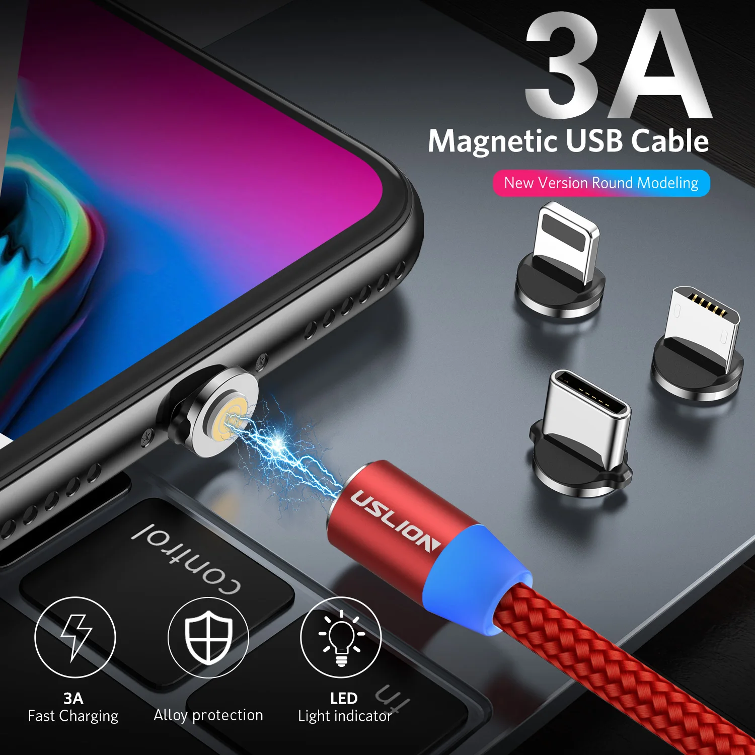 USLION 3A Fast Charging Cable Magnetic USB Cable for iPhone 11 Micro USB Cable Fast Charging Type C Magnet Data Cable for Xiaomi