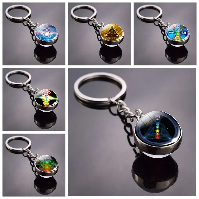 

Seven Chakra Keychain Yoga 7 Chakra Art Picture Glass Ball Key Chain Double Side Glass Cabochon Pendant Keyring Christmas Gifts