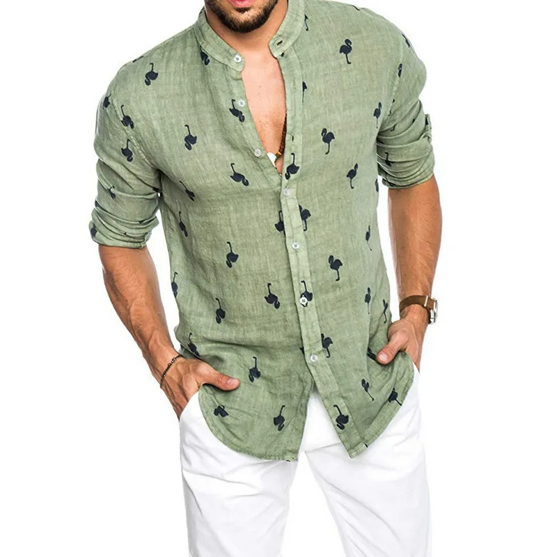 

Shujin Men's Casual Summer Flamingo Pattern Long Sleeve Button Closure Hawaiian Shirt Flamingo Pattern Hawaiian Shirt