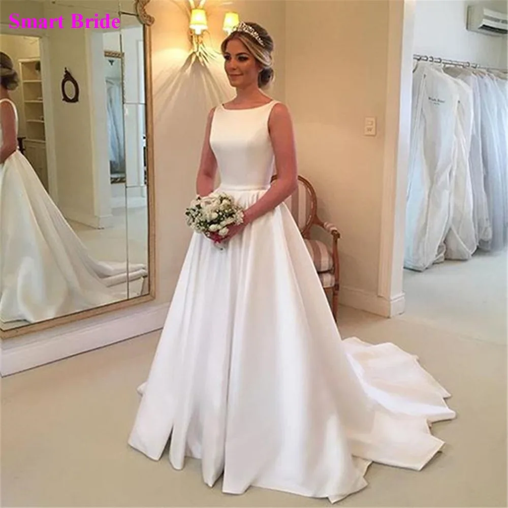 Abito da sposa senza maniche in raso da donna per la sposa 2020 semplice  Scoop lungo una linea abiti da sposa formali abito da ballo bianco  STS2|Wedding Dresses| - AliExpress
