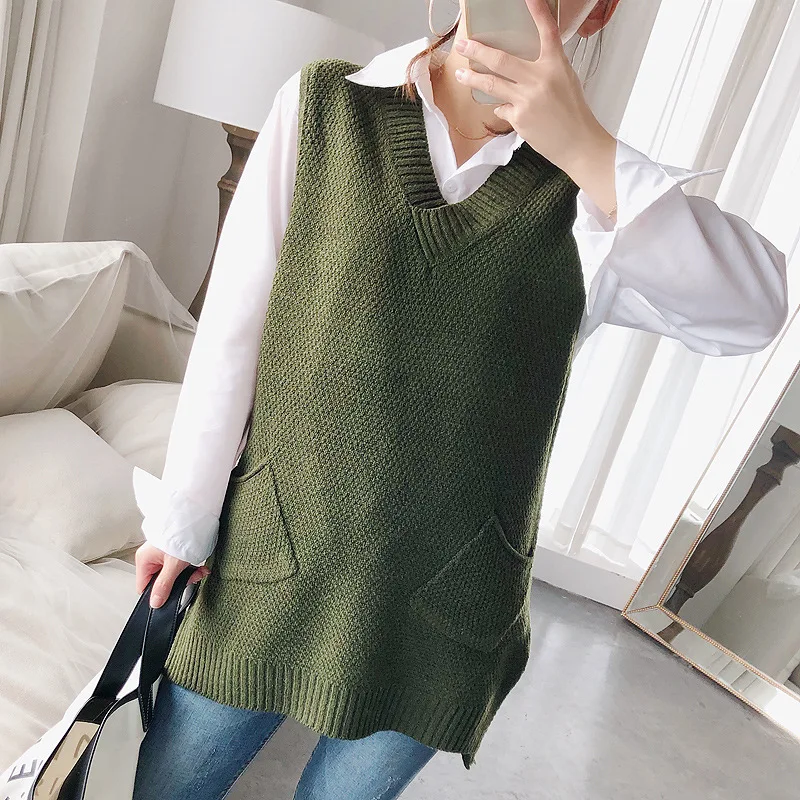 Длинный свитер без рукавов с v-образным вырезом в новом вязаном жилете жилет на