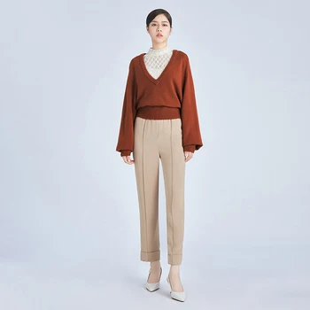 

Tailor Shop Custom Made New Wool Cashmere V-neck Sweater Puff Sleeve Long-sleeved Sweater Women