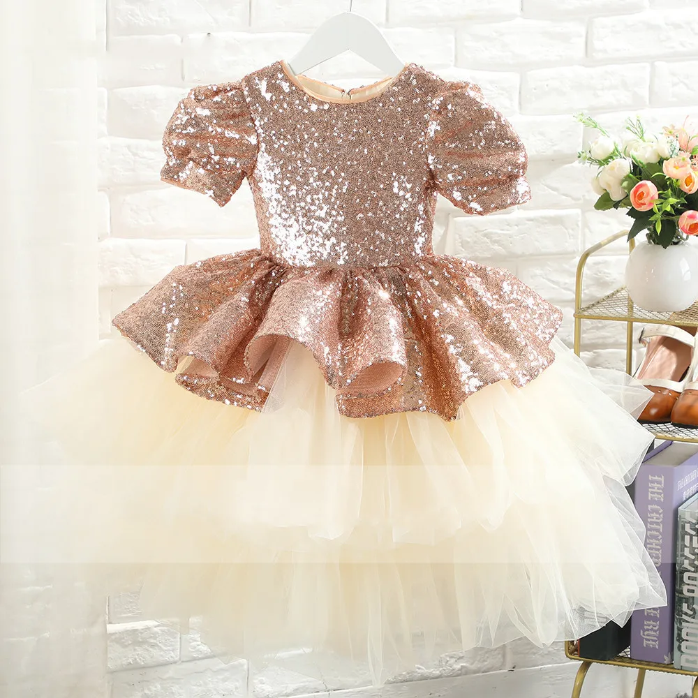 

Puffy Tulle Champagne Glitter Infant Dress Baby Girl First Birthday Party Dresses Big Bow Pearls Kids Party Pageant Dress