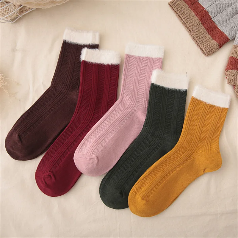 

Women Solid Cotton Socks Fuzzy Cuff Socks Faux Fur Cuff Sock Warm Thick Winter Sock Girl Pink Sock Mustard Ankle Sock 5pairs/lot