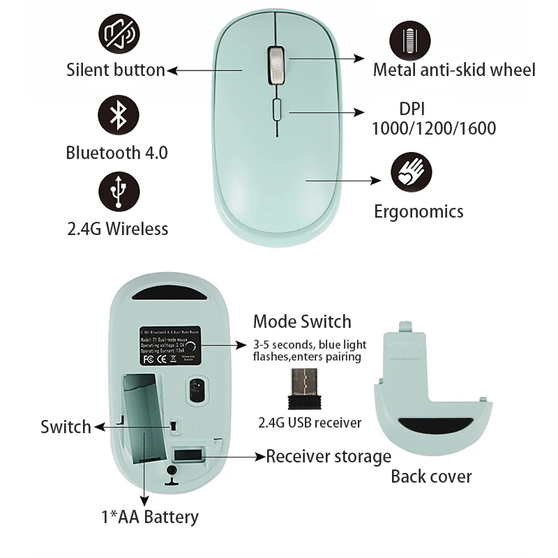Беспроводная мышь с Bluetooth, двойной режим, беспроводная мышь для ПК, бесшумная эргономичная портативная мышь для ноутбука, Camputer, Mac, Windows