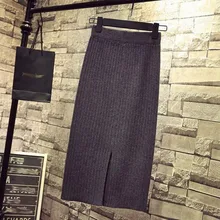 Эластичная трикотажная юбка-карандаш с высокой талией на осень и зиму, Женская Элегантная трикотажная облегающая юбка, прямые ребристые юбки с разрезом внизу, 11,29