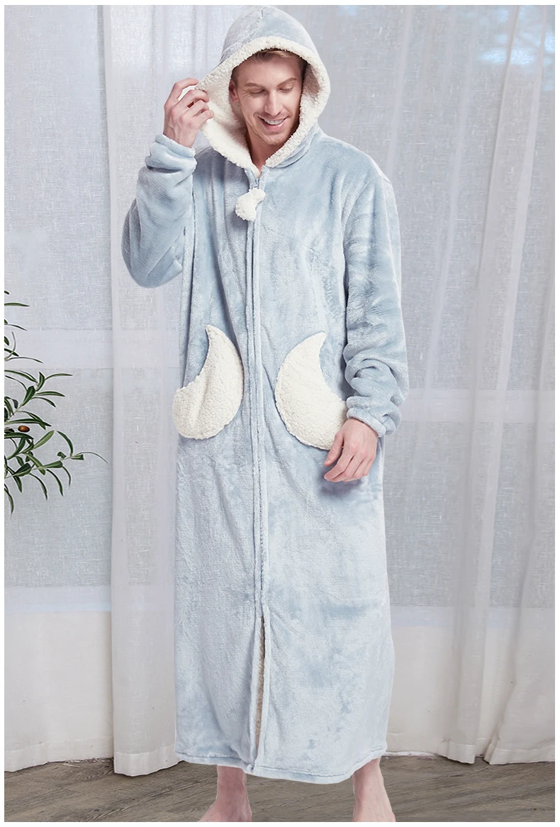 Women Winter Star Moon Plus Size Long Warm Flannel Bathrobe Pregnant Zipper Bath Robe Hooded Night Dressing Gown Men Sleepwear
