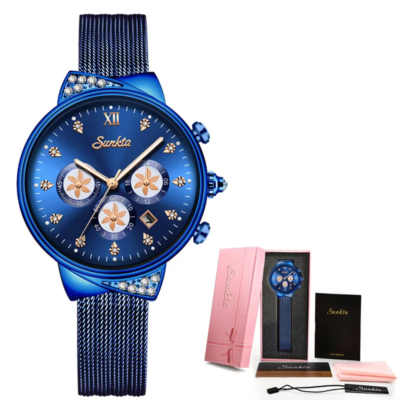 blue Sunkta, женские часы, Лидирующий бренд, Роскошные, повседневные, модные часы, женские часы с бриллиантами, женские модные часы, женские наручные часы+ коробка - Цвет: blue