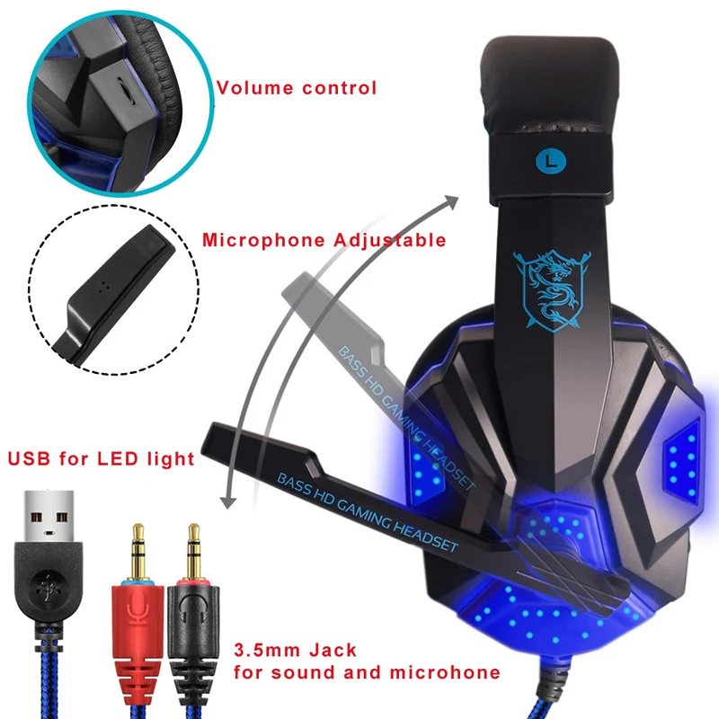 Gaming Headset Big Earphones Stereo with Microphone for computer PC Laptop Gamer