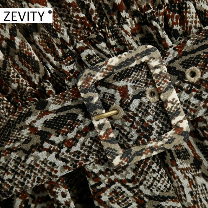 ZEVITY women vintage snake skin print sashes chiffon mini dress chic ladies long sleeve bow collar vestido casual dresses DS4446