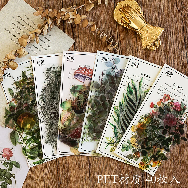 

40pcs Nature Photobook PET Large Deco Stickers Plant Flower Leaf Transparent Bullet Journaling Accessories Aesthetic Stickers