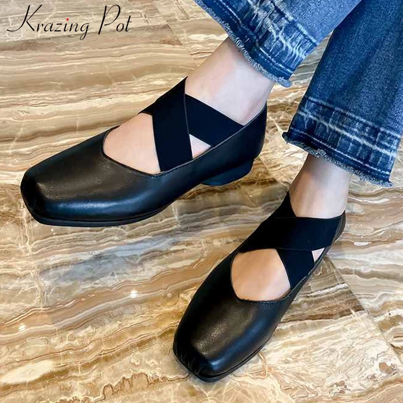 

Krazing pot genuine leather vintage dance shoes solid simple style square toe low heels women fashion elegant spring pumps L26