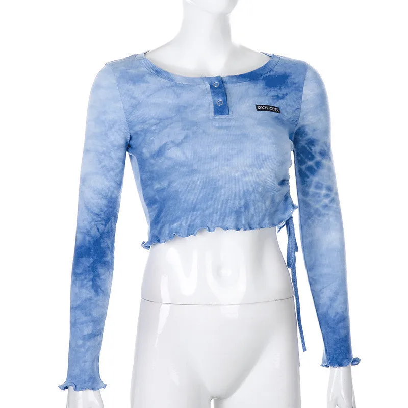 High Street Women's Tie-Dye Top Long Sleeve Round Neck Letter Embroidered Folded Tie T-shirt Hip Hop Girl Base Shirt Street Wear