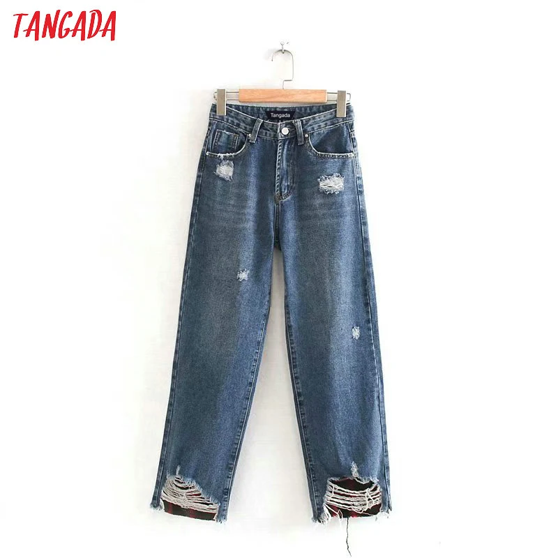 Tangada Модные женские красные клетчатые Лоскутные рваные джинсы джинсовые штаны с карманами и дырками женская повседневная одежда женские шикарные брюки 4M101