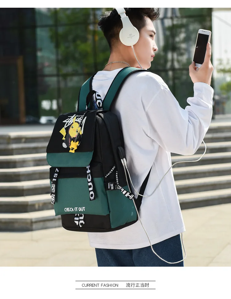 Action Large Pikachu Backpack with USB Charge Line Student Schoolbag Cute Cartoon Pikachu Couple Bags Quality Canvas Bag Gift