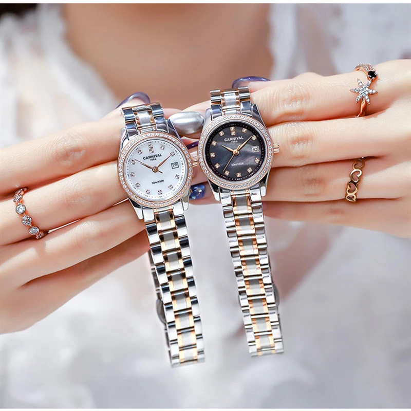 CARNIVAL Brand Fashion Watch for Women Ladies Luxury Stainless Steel Calendar Quartz Wristwatch 30m Waterproof 2023 Reloj Mujer