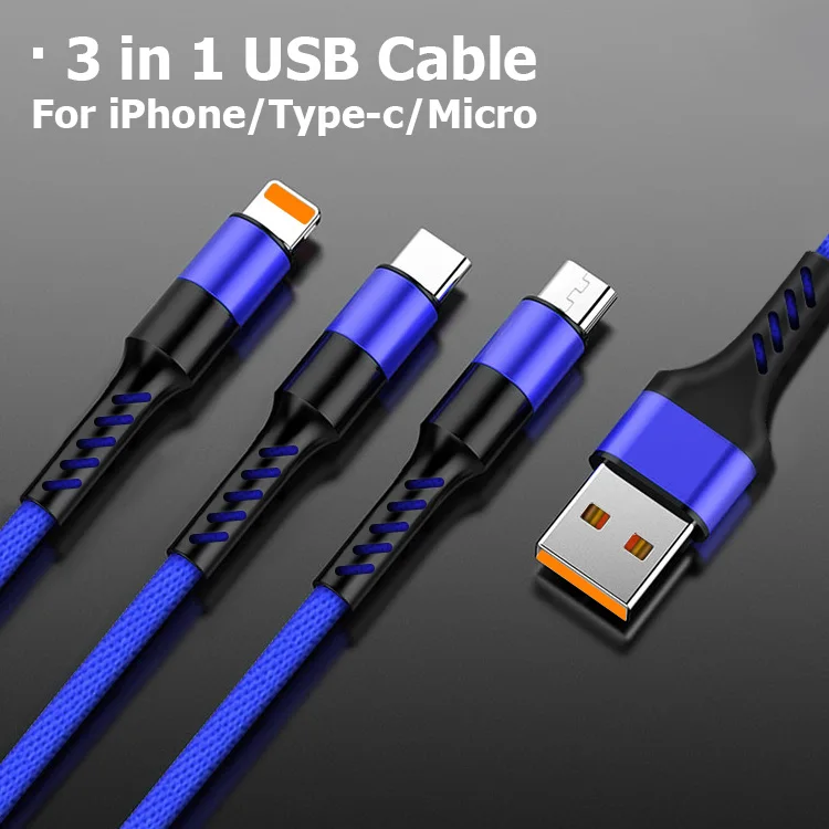 3 in 1 Usb Cable Type C 8 Pin Micro Mobile Phone Cables For Huawei Mate 30 iPhone 11 X Xs 8 7 6 Samsung S9 S8 Fast Charging Cord - Цвет: Синий