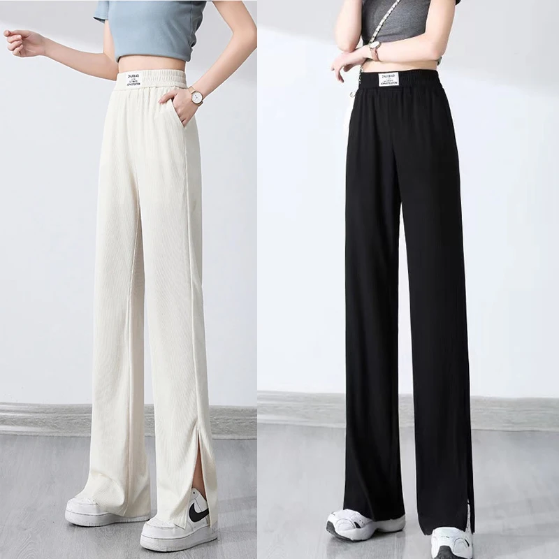 

Wide Leg Pants Women Pure Black Lace-up Korean Style Loose Leisure High Waists Female Spring Long Daily Trousers Streetwear Fall