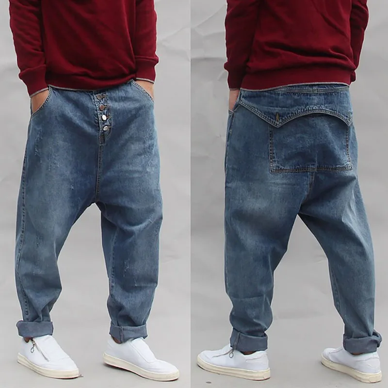 

Europe Men Long Jeans Loose Button Harem Pants Fashion Hip Hop Cross-pants Mid Waist Denim Trousers Casual Streetwear Plus Size