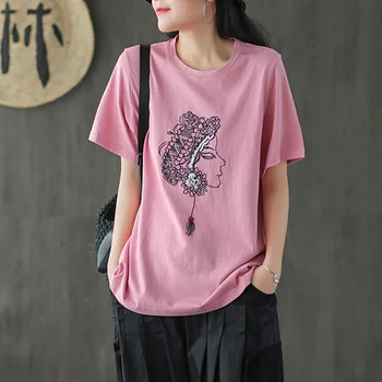 

Women Cotton Linen T Shirt Top Tees Tshirt Big Loose Beading Embroidery Sweet Cute Fashion Casual for Summer AZ22351621