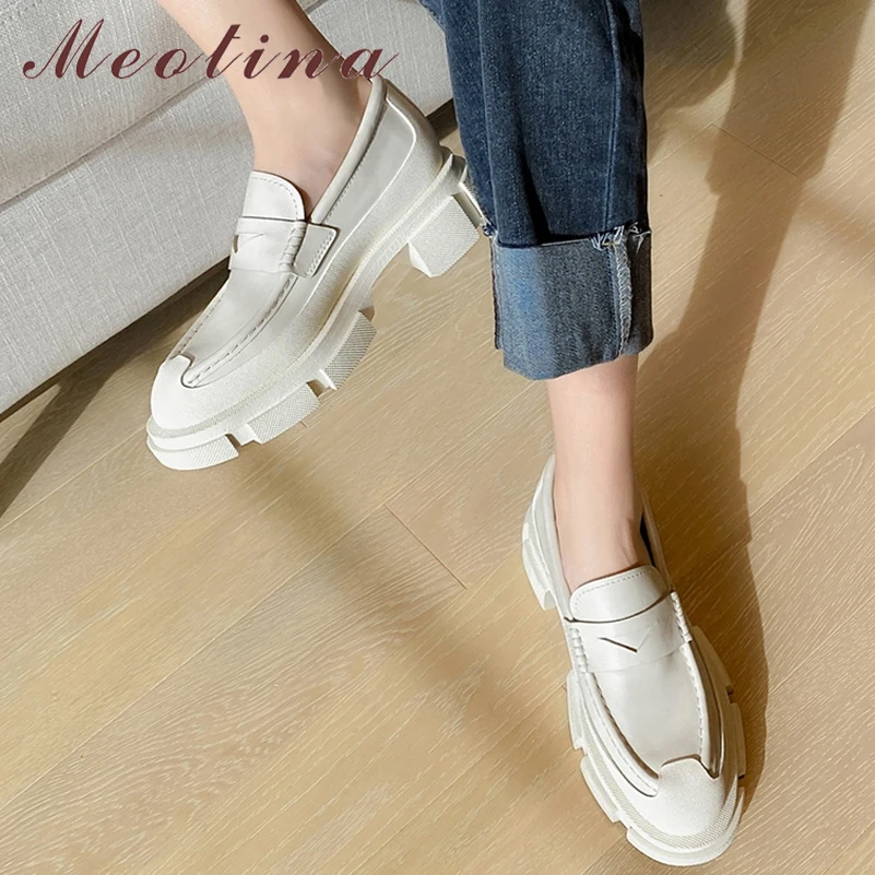 

Meotina Women Genuine Leather Pumps Loafers Shoes Thick Heels Causal Platform Med Heel LadIes Footwear 2022 Spring Black 34-42