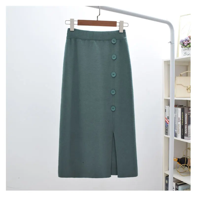 green Винтаж тонкая на кнопках осень-зима вязанная длинная юбка миди jupe femme Bodycon Для женщин Высокая Талия Повседневное Falda элегантные Юбки-карандаши - Цвет: green