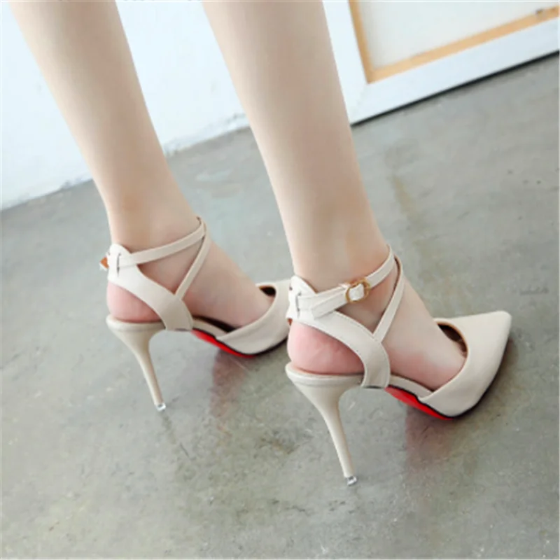 

2019 Summer Women Sandals Stiletto High Heel Shoes Ankle Strap OL Sexy Pump Party Pointed Toe Ladies Wedding Red Bottom Shoes