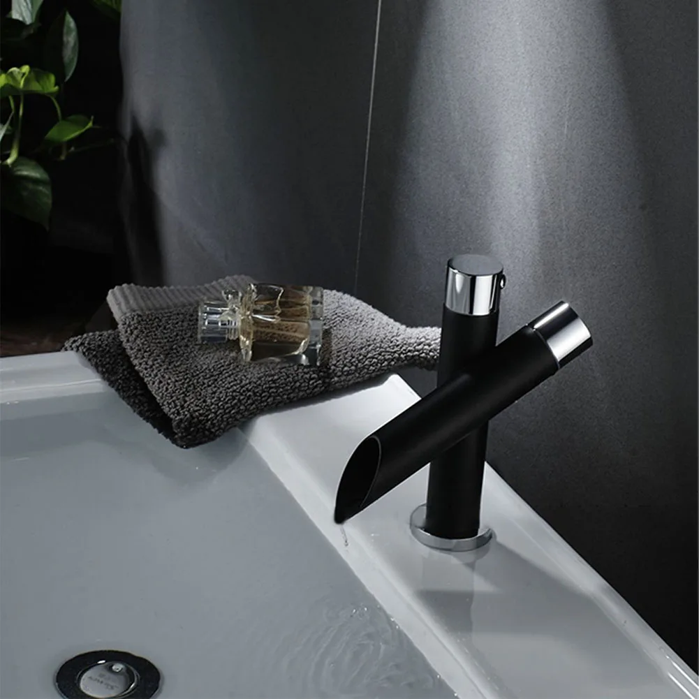 

Hot Cold Single Handle One Hole Waterfall Small Chrome Home Basin Sink Faucet Black Brass Deck Mount Mixer Tap Bathroom Kitchen