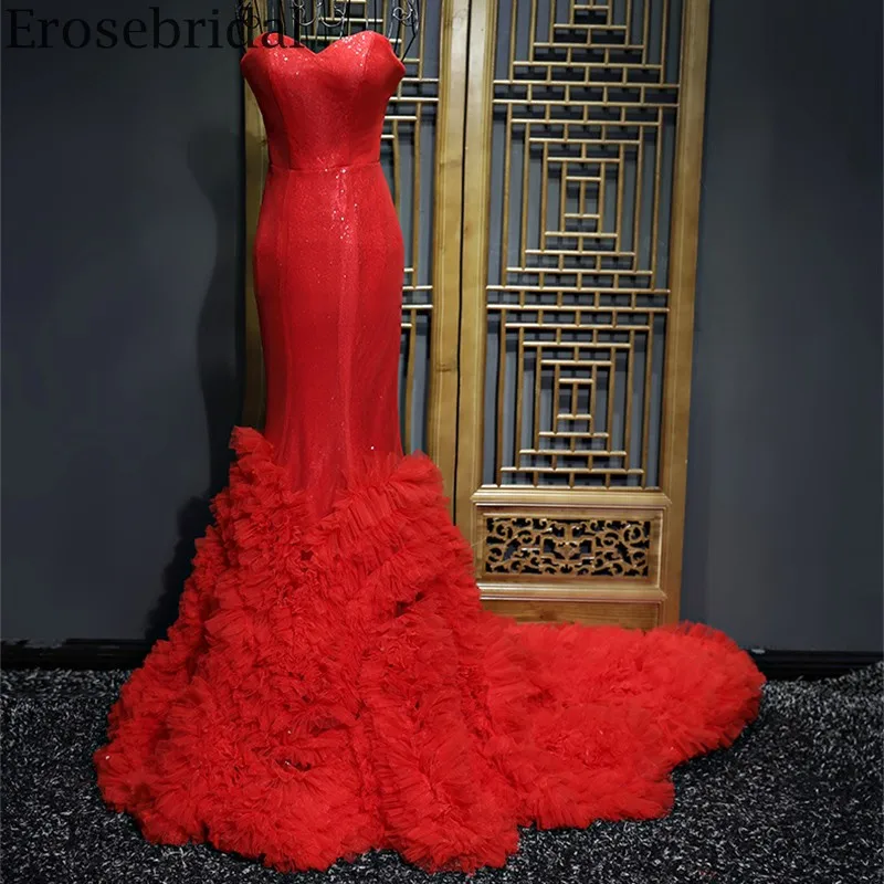 Erosebridal Red Evening Dress 2020 Long Mermaid Gown with Train Elegant Sweetheart Sequined Lining Laec Up Back | Свадьбы и