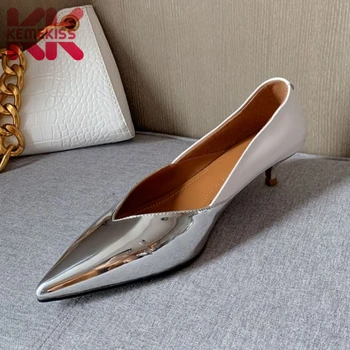 

KemeKiss New Spring Pointed Toe Mixed Color Geneuine Leather Thin Heel Slip On Pumps Office Lady Shoes Footwear Size 34-39