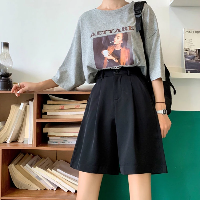 Spodenki damskie letnie guziki do kolan czarne szerokie nogawki luźne serwetki koreański styl Casual damskie biuro BF Streetwear moda prosta 3 Spodenki damskie letnie guziki do kolan czarne szerokie nogawki luźne serwetki koreański styl Casual damskie biuro BF Streetwear moda prosta 3