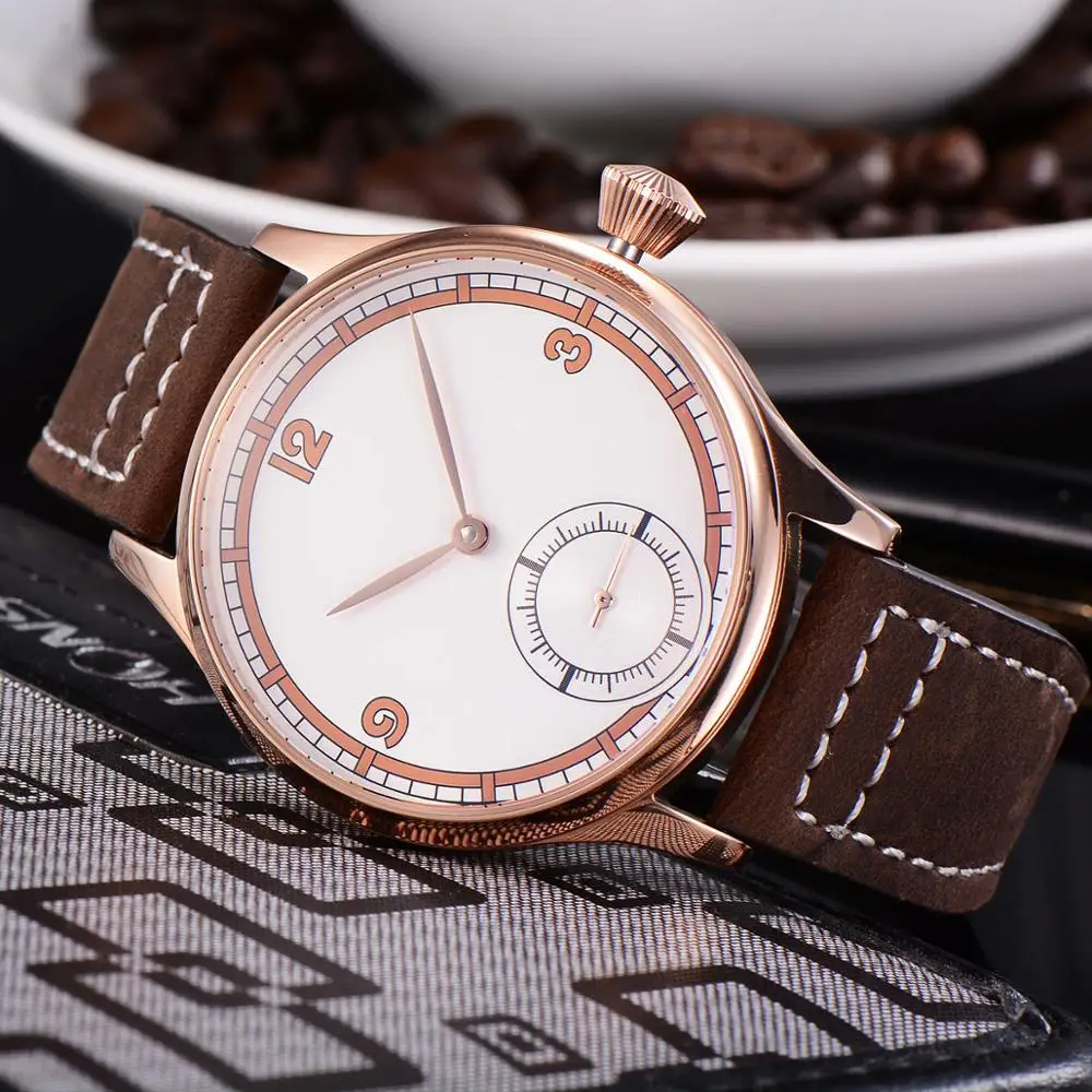 

44mm white dial Rose golden Plated case 17 Jewel 6498 Hands Winding movement mens watch