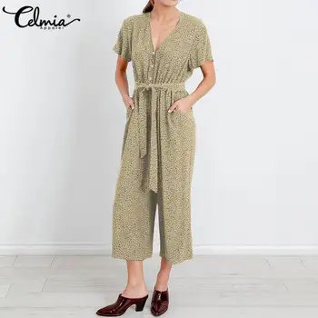 

S-5XL Celmia Women Elegant Jumpsuits 2020 Summer Short Sleeve Rompers Leopard Print Belted Playsuits Casual Sexy V neck Ovealls