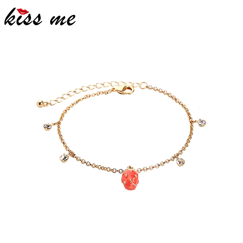 Bracelet Kissme Изысканный Красный Эмаль клубника Кристалл ожерелье и браслет и серьги для женщин Подарки Золотой цвет милые фрукты модные ювелирные изделия - Окраска металла: Bracelet