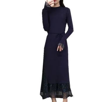 

2020 New Elegant Vintage Ruffled Floral Knitted Dress Female Autumn Winter Slim Long Blue Chiffon Dresses Vestido WXF634