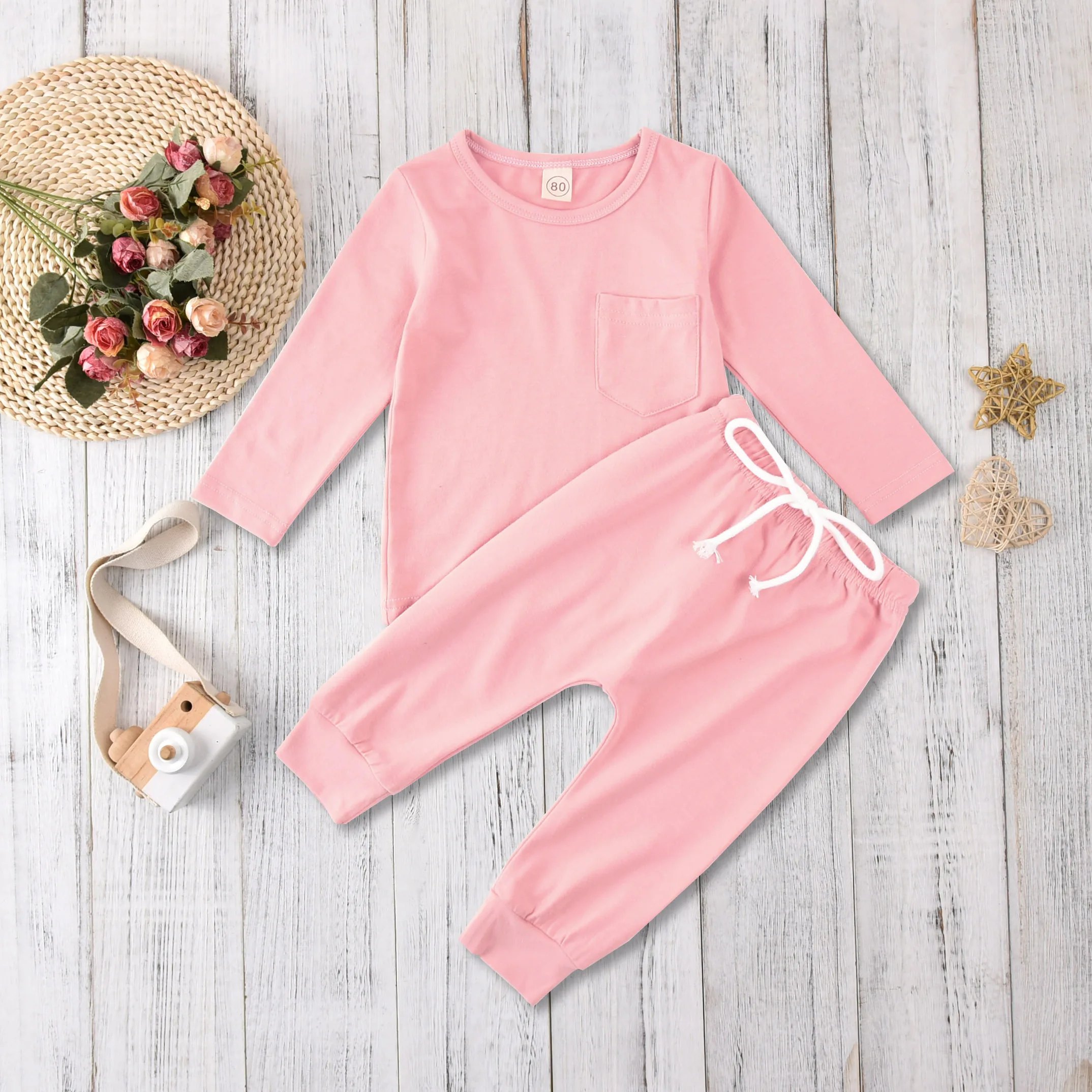 

Babys Long-sleeved Trousers Suit Fresh Solid Color Round Neck T-shirt with Pocket and Elastic Lace up Long Pants